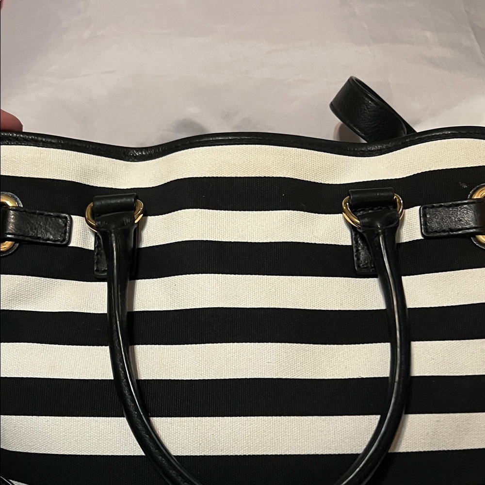 Michael Kors Black and White Striped Hamilton Canvas Tote with Gold Hardward - Picture 6 of 12